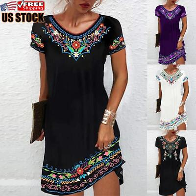 Womens Boho Floral Midi Dress Ladies Short Sleeve Holiday Casual Loose Sundress $16.81