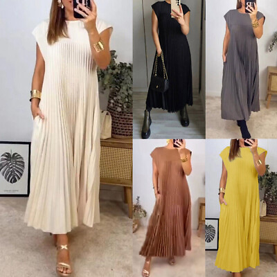 #ad Womens Summer Beach Pocket Dress Party Holiday Pleated Maxi Dresses Plus Size UK GBP 19.99