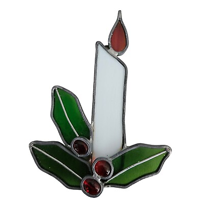 Vintage Christmas Holiday Holly And Candle Stained Glass $14.99