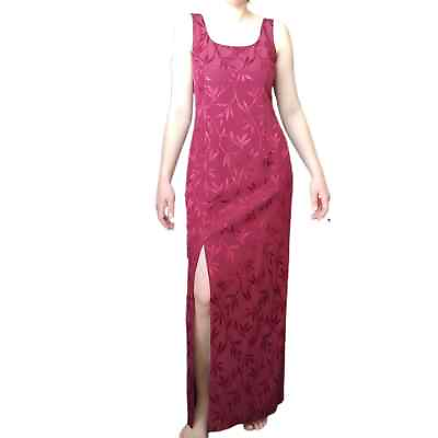 #ad Vintage Floral Red Maxi Dress Slit Sleeveless 90s Long Prom Gown Formal Size 8 $79.00