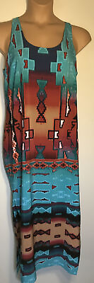 #ad Metaphor sleeveless maxi dress teal rust Southwestern tribal print size M $15.99