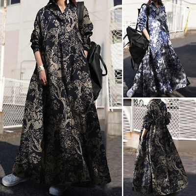 #ad Womens Long Sleeve Retro Floral Printed Cotton Kaftan Baggy Maxi Dress Plus Size GBP 18.66