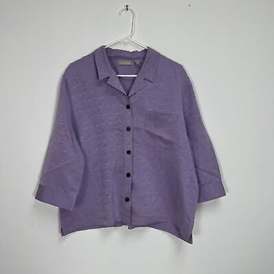 #ad Nordstrom Womens Silk Linen Button Down Shirt Size XL Purple 3 4 Sleeve Pocket $17.76