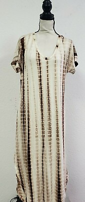 Women#x27;s Boho Maxi Short Sleeve Split Pockets Tie Dye Long Dress Coffee Medium $14.94