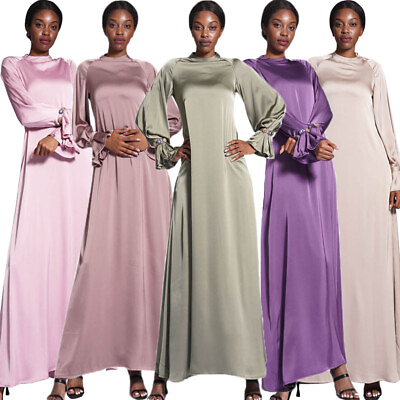 #ad #ad Muslim Islamic Women Satin Long Sleeve Maxi Dress Abaya Kaftan Ramadan Caftan $39.34