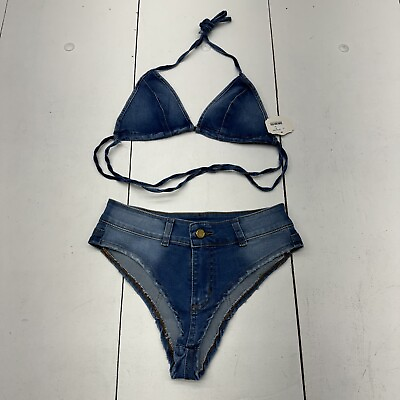 #ad Candyland Blue Denim Bikini Cheeky Bottoms Triangle Top Women’s Size S M $18.00