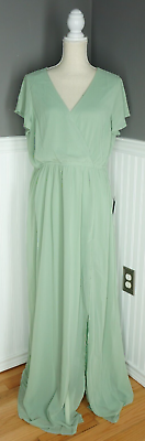 NWT Lulu’s Dress Long Wrap Faux Cap Sleeve Gown Sage Green Formal Maxi Size 1x $39.99