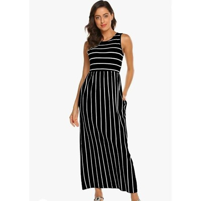 #ad Hount Women#x27;s Sleeveless Striped Flowy Casual Long Maxi Dress Black White Small $25.00