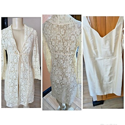 VTG SHANI Silk YELLOW Dress w LACE FLORAL LONG BLAZER SZ 2P SBC $38.00