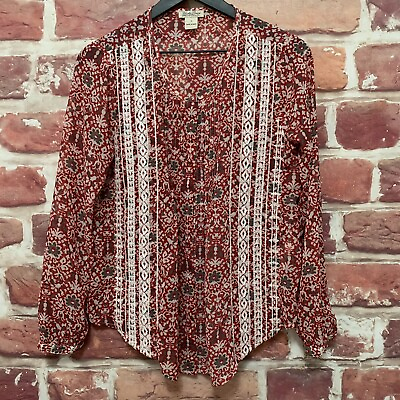 Lucky Brand Top Womens Small Red White Boho Floral Embroidered Blouse Ladies $18.99