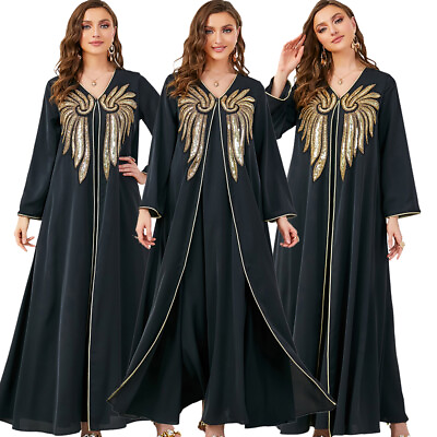 #ad Black Muslim Long Maxi Dress Women 2 Piece Set Abaya Kaftan Dubai Modest Dresses $55.41