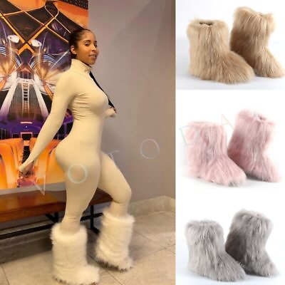 #ad Women Warm Fur Boots Winter Plush Faux Fur Snow Boots Furry Outdoor SlipOn Shoes $73.88