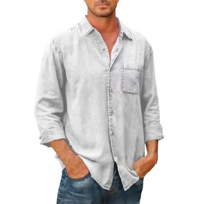 Men Denim Shirt Long Sleeve Turn Down Collar Button Up Chest Pocket Casual Top $17.26