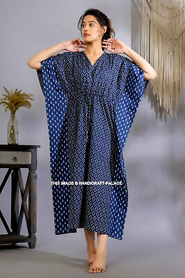 Indian Blue Ikat Printed Kaftan Cotton Hippie Maxi Women Nightwear Caftan Dress $31.99