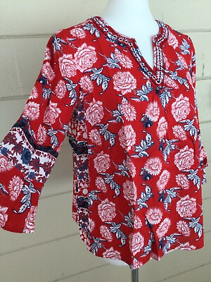 New Directions Womens Peasant Blouse Red Petite Size Small Embroidered Boho Blue $24.99