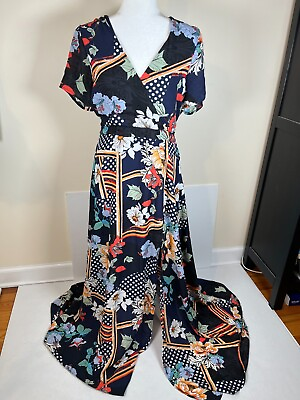 #ad LULUS Aleta Short Sleeve Surplice Maxi Dress Women Floral Blue Print V Neck $39.00