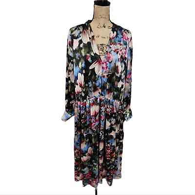 #ad Anne Klein Floral V Neck Long Sleeve Elastic Waist Maxi Dress Plus Size 3X New $85.00