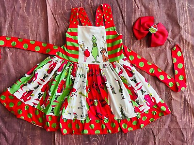 The Grinch Twirl Christmas Dress and bow $21.99