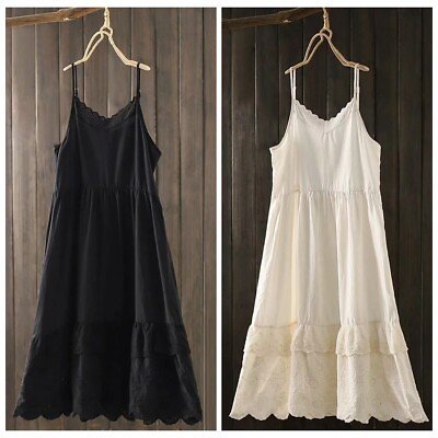 #ad Lady Cotton Full Slips Dress Petticoat Lace Embroidery Camisole Long Maxi Dress $21.83