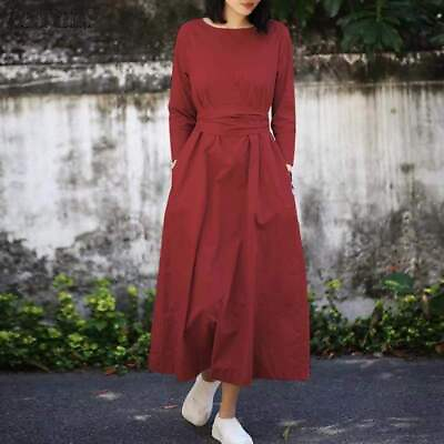 #ad Women Solid Color Washed Cotton Round Neck Pullover Long Sleeves Slim Maxi Dress $28.35