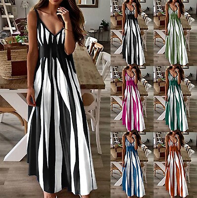 #ad Women#x27;s Summer Maxi Dresses Color Block Spaghetti Strap V Neck Sleeveless Dress $31.68