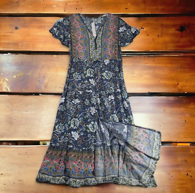 #ad Gaovot Blue Floral Maxi Dress Drawstring Waist Front Slit Size Small $28.99
