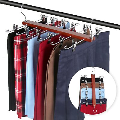 #ad Pant Hangers with Clips 6 Tier Skirt Hangers Space Saving European Beechwood... $23.73