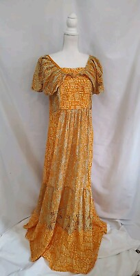 #ad 90#x27;s Boho Hippie Festival Dress Maxi Length Lightweight Floral Yellow Orange M $39.99