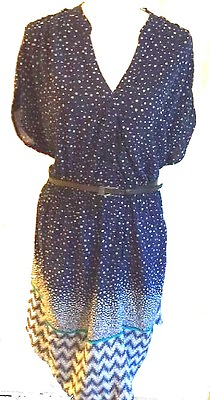 #ad Blue Polka Dot Print Rayon Dress w Skinny Belt Plus Sizes 2X 3X 4X $49.99