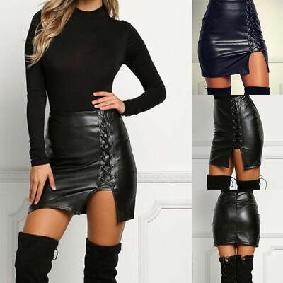 Women Faux Leather Mini Skirt Pencil Dress Wet Look Ladies High Waist Bodycon $16.14