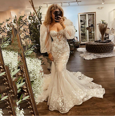 #ad Elegant Mermaid Wedding Dresses Puff Sleeve Sweetheart Neck Boho Bride Dresses $148.00