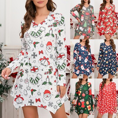 #ad #ad Ladies Xmas Mini Dresses Long Sleeve Christmas Dress Women Short Holiday V Neck $26.30