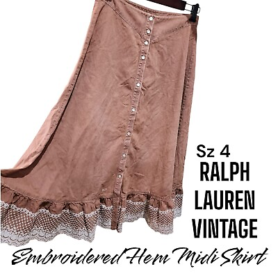 #ad RALPH LAUREN JEANS CO Vtg Sz 4 Pearl Snap Western Coachella Boho Rust Midi Skirt $44.77