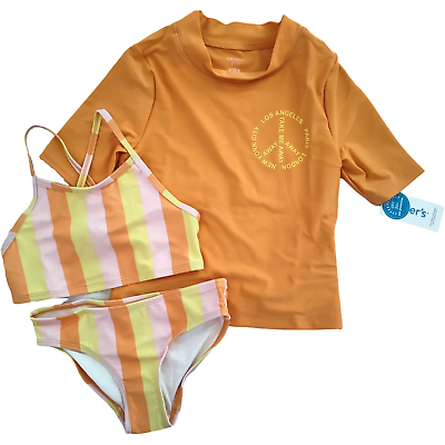 #ad Carter#x27;s Girls 8 Swimwear 3pc Bikini Rash Guard Orange Stripe Pink Yellow Peace $28.00