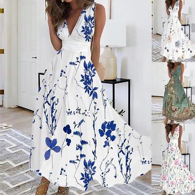 #ad Boho Womens Floral V Neck Maxi Dress Ladies Sleeveless Beach Holiday Sundress $5.08