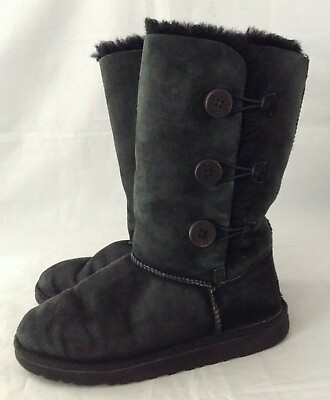 #ad #ad UGG Australia Womens Boots Black Leather Mid Calf Fur 4 Button $11.89