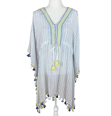 #ad Spartina 449 Beach Cover up One Size Blue White Linen Blend Tassels Embroidered $21.99