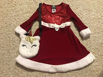 Pink amp; Violet Girls Christmas Dress Red With Unicorn Purse size 7 $15.99