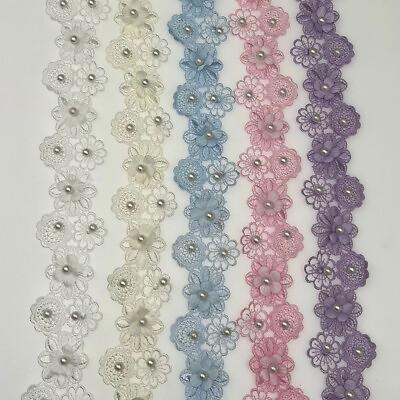 #ad 1 Yard Pearl Beads Flowers Lace Trim Ribbon Wedding Dress Trims Hair Accessories AU $4.29
