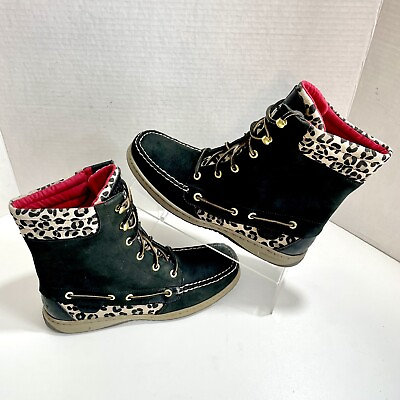 #ad SPERRY Top Sider Womens Boots Black Leather Lace Up 9531393 Animal Print Size 9M $29.95