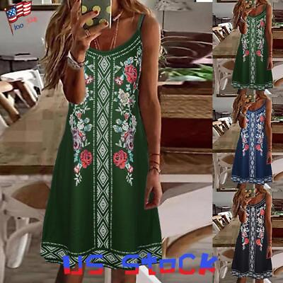 #ad Women Boho Floral Summer Beach Sundress Crew Neck Strappy Cami Midi Dresses $12.49