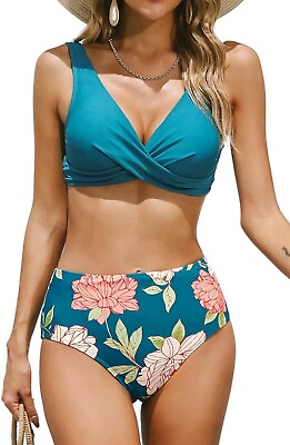 #ad #ad Cupshe High Waisted Bikini Women Bikini Sets Wrap Front Wide Straps Floral Large $27.99