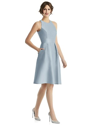 #ad Alfred Sung Mist Blue Jewel Neck Satin Cocktail Dress Size 18 $214 D769 $79.98