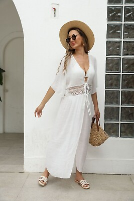 #ad Bathing Suit Cover Up Lace Boho Beach Maxi Summer Bikini Sundress Dress White $14.99