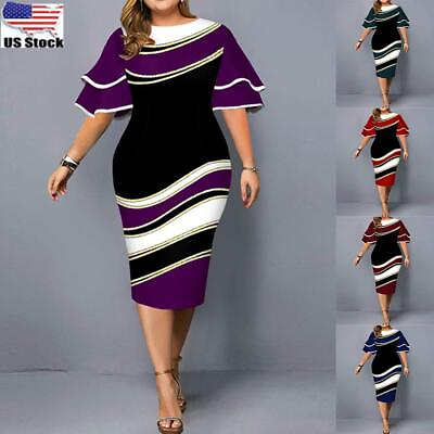 #ad Plus Size Womens Ruffle Short Sleeve Print Bodycon Dress Cocktail Party Dresses $27.04