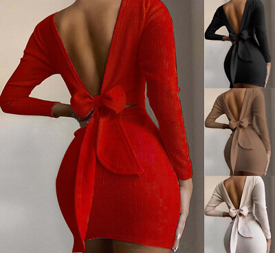 #ad Women Solid Short Party Dresses Elegant Casual Evening Backless Bow Dress Chic $22.52