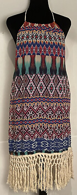 NWOT Jodi Kristopher Multicolor Halter Fringe Boho Dress Womens Size M $14.99