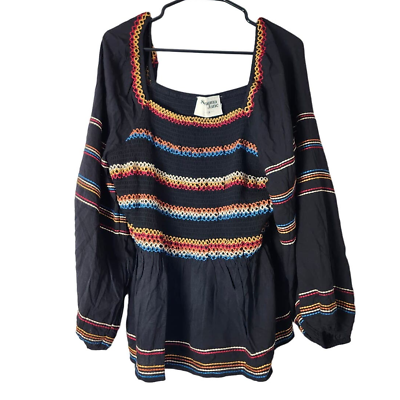 #ad Savanna Jane Blouse Embroidered Smocked Long Sleeve Boho Black Plus Size 1X $30.00