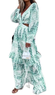 #ad Women#x27;s Boho V Neck Ruffle Green Floral Print Wrap Maxi Brunch Dress Sz Sm New $16.50