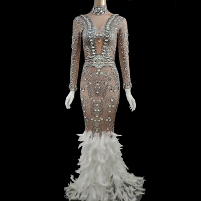 Sparkly Silver Crystals Feather Tail Dress Celebrity Party Diamonds Long Dresses $204.87